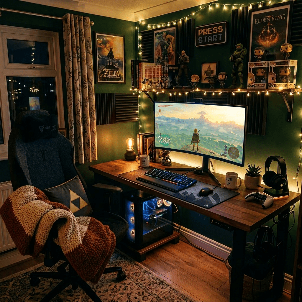 Curved monitor displaying The Witcher III video game on a gaming desk with keyboard, mouse, figurines, and cozy chair